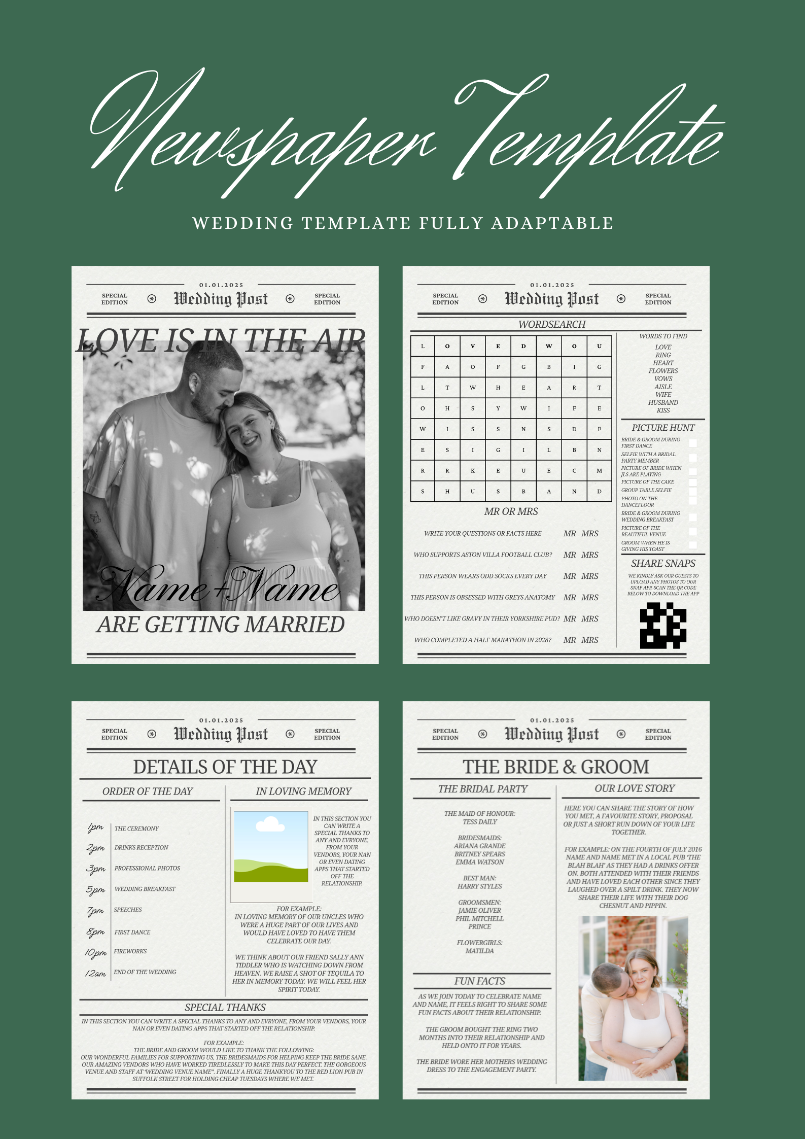 Wedding Newspaper Template- Easy to adapt digital download template